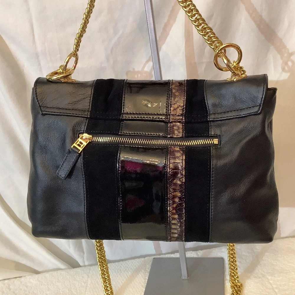 EUC Halston Heritage Black Leather suede shoulder  crossbody gold chain - Picture 4 of 17